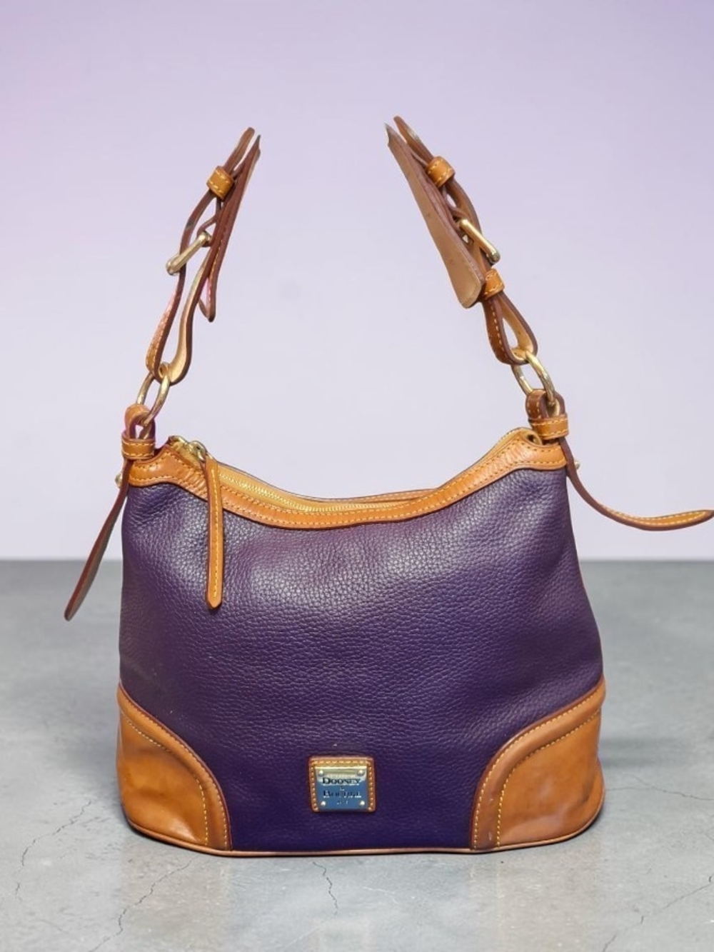 Dooney & Bourke Purple Leather Shoulder Bag with Tan Trim